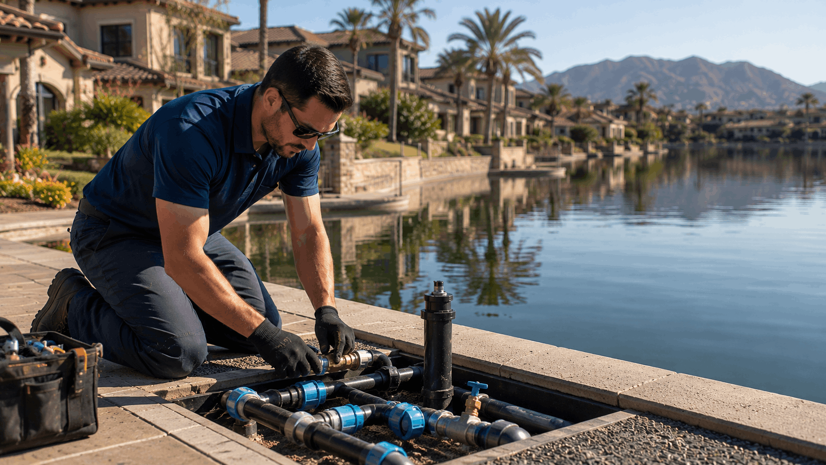 Plumber repairing irrigation pipe system near luxury lakeside homes in Las Vegas