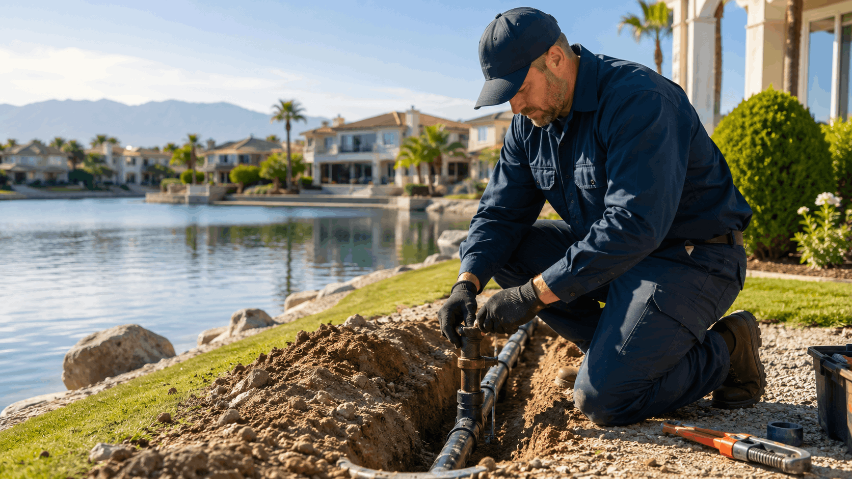 Plumber repairing underground lakefront water lines at luxury Las Vegas residential property