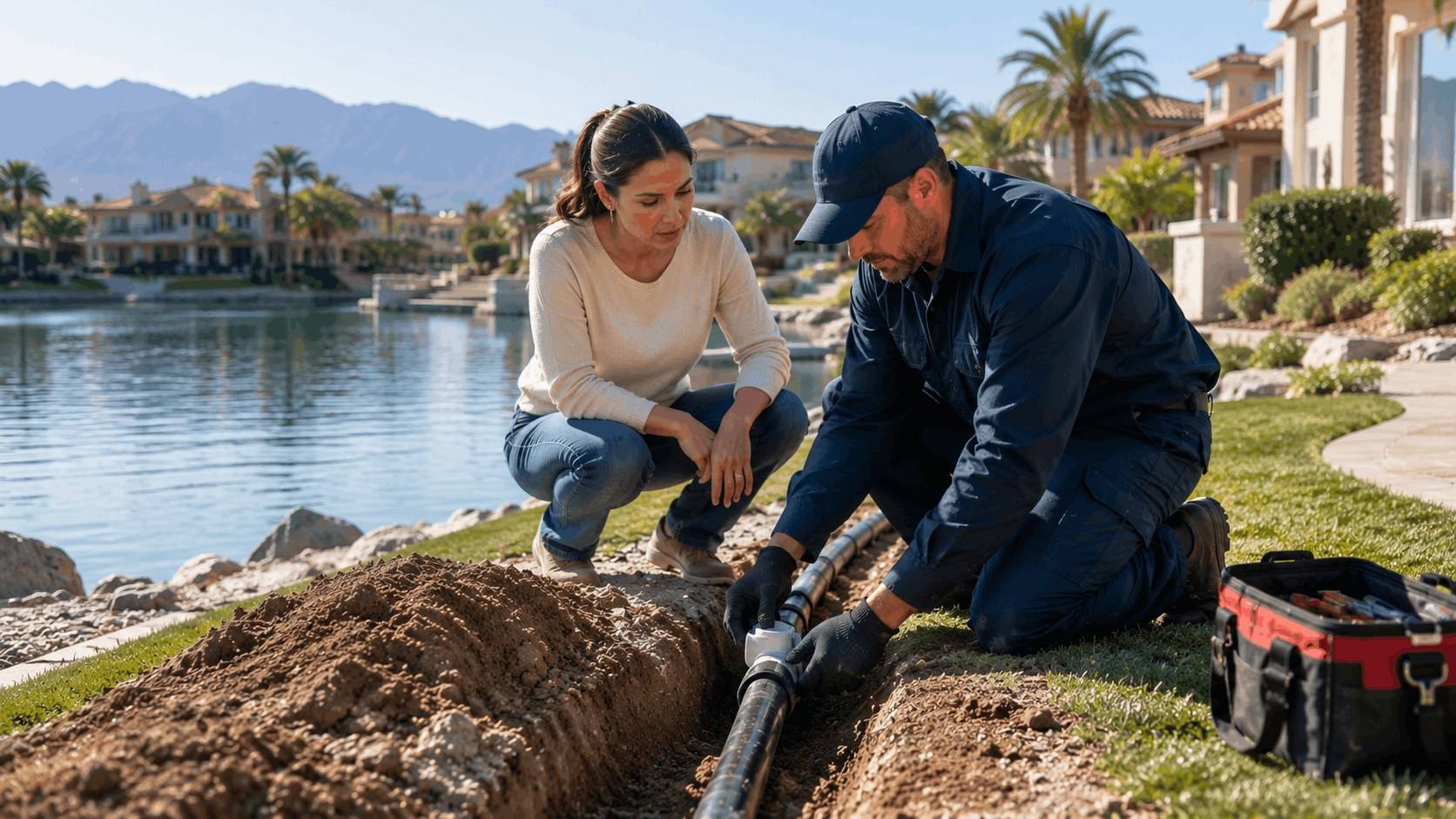 Las Vegas plumber installing underground pipe while homeowner watches in luxury lakeside yard