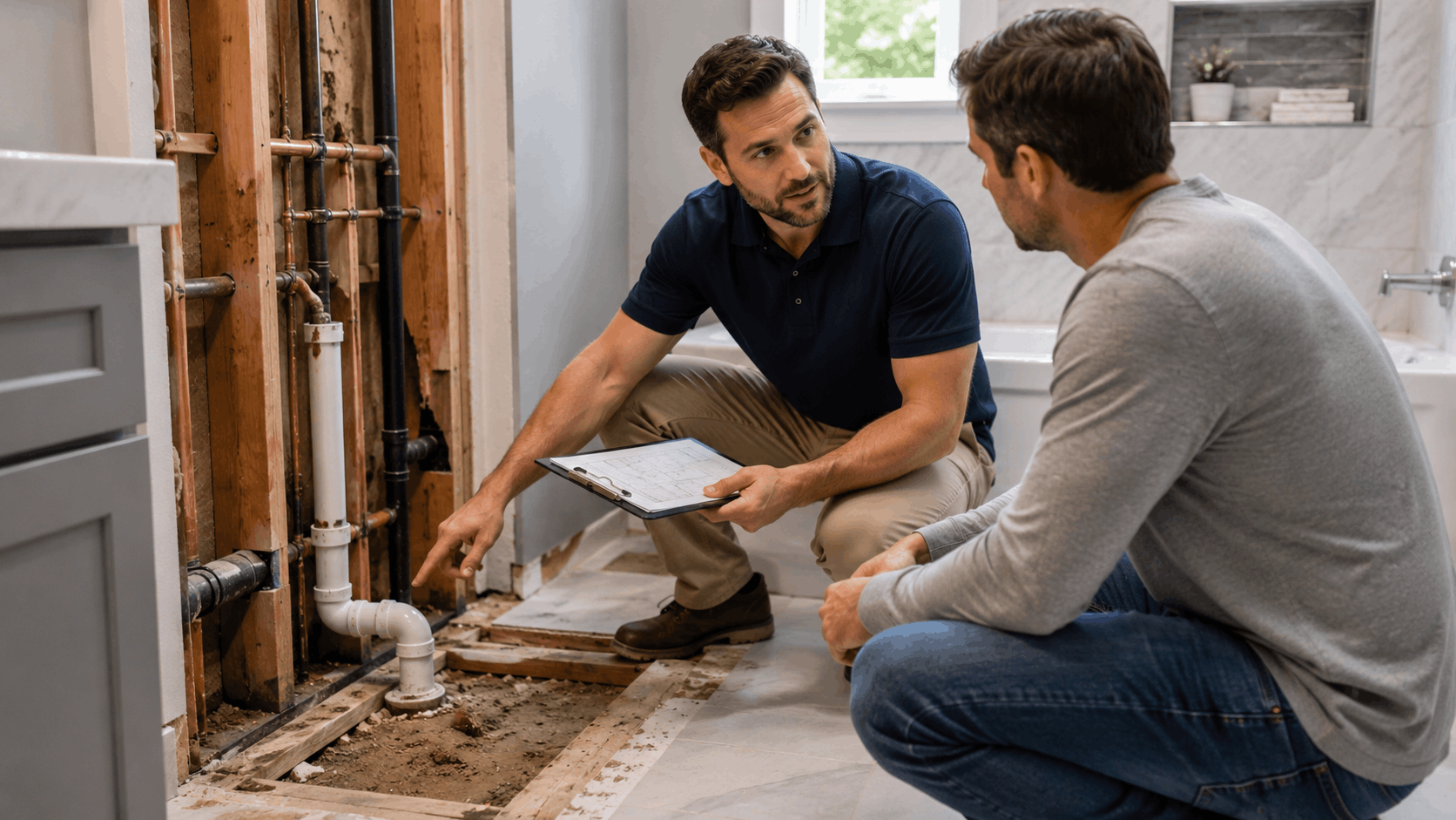 Plumber explaining bathroom sewer pipe inspection to homeowner in Las Vegas renovation