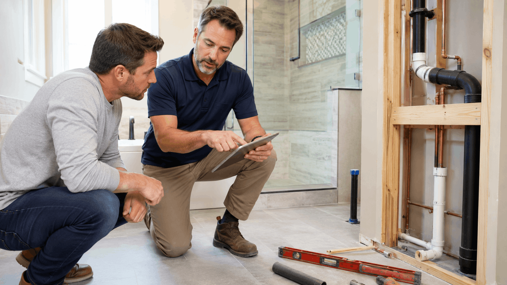 Plumber showing homeowner tablet while reviewing exposed bathroom plumbing pipes during renovation