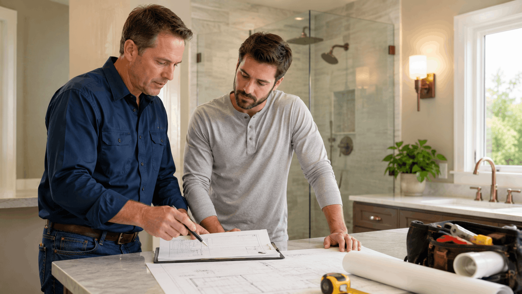 Two contractors reviewing plumbing blueprints and plans in a modern Las Vegas bathroom
