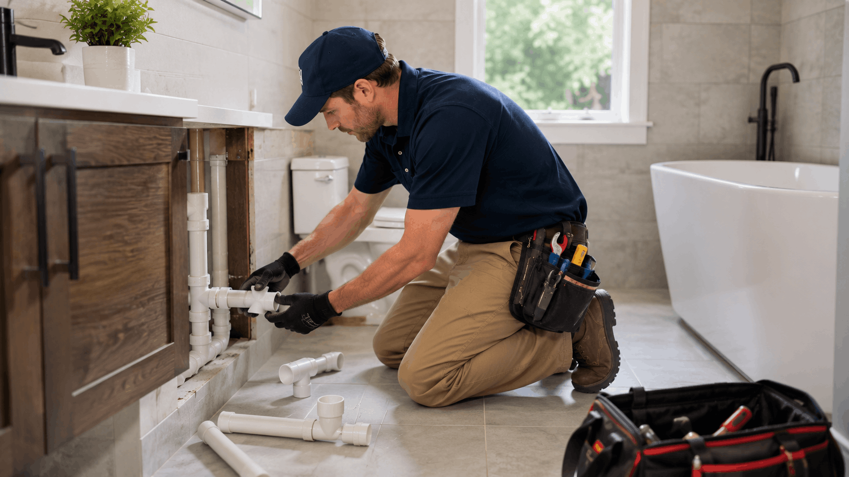Licensed Las Vegas plumber repairing PVC pipes under bathroom vanity with tools