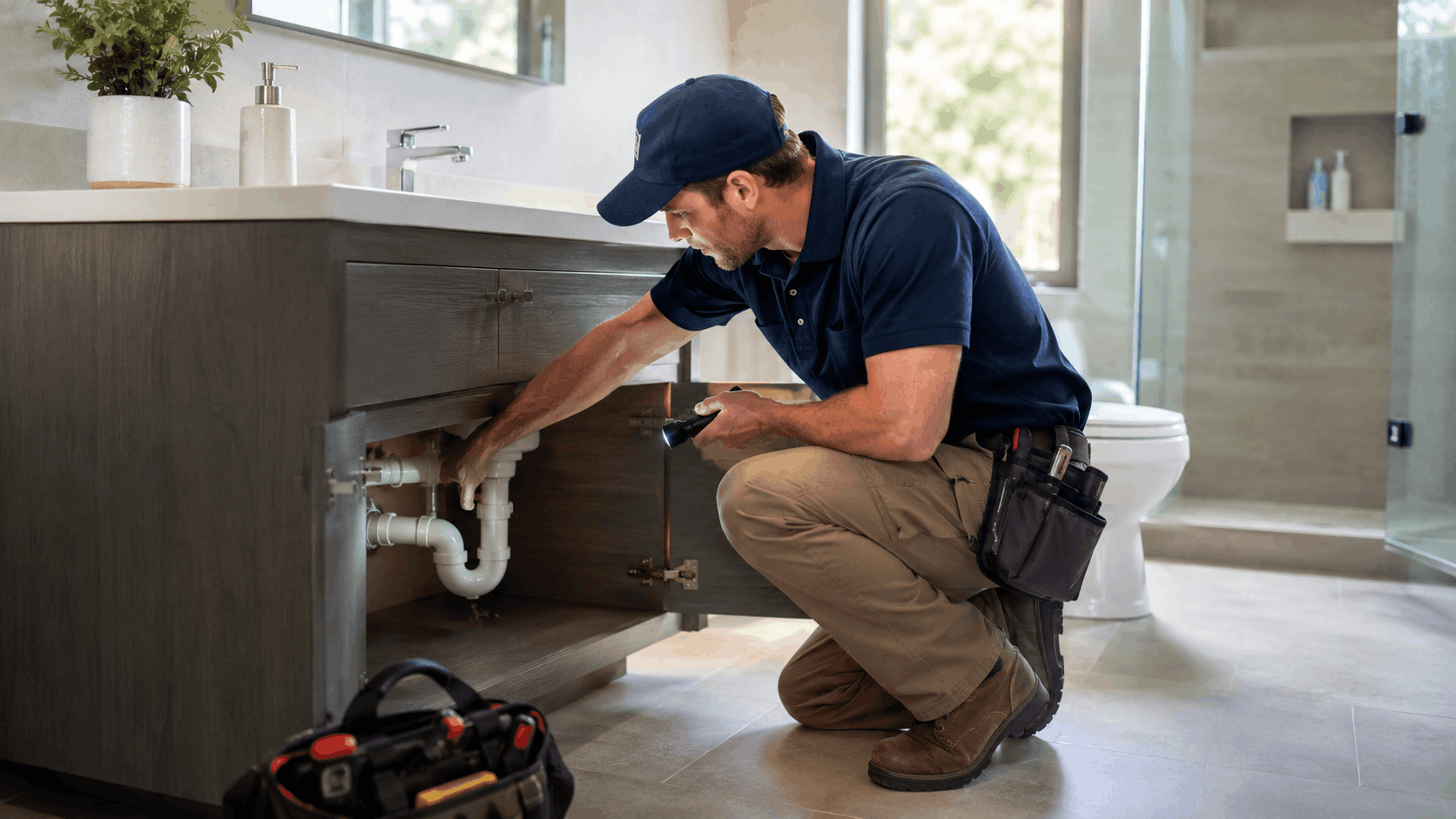 Plumber inspecting under bathroom sink pipes with flashlight and tool belt