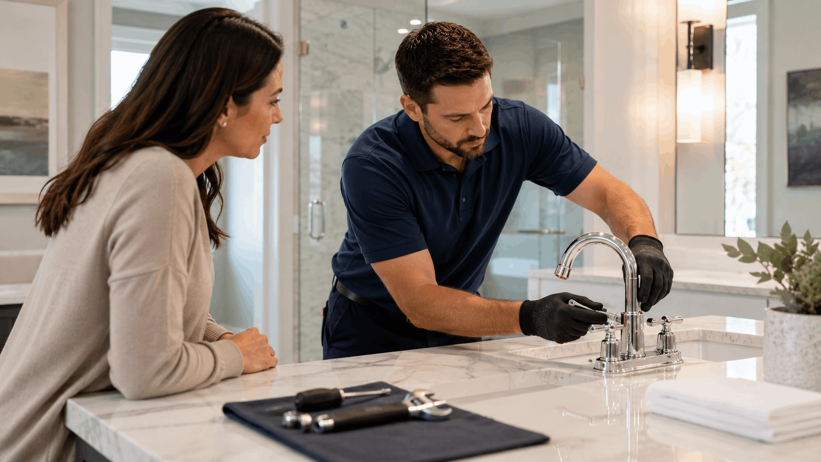 Licensed plumber installing luxury chrome bathroom faucet on marble countertop in Las Vegas home