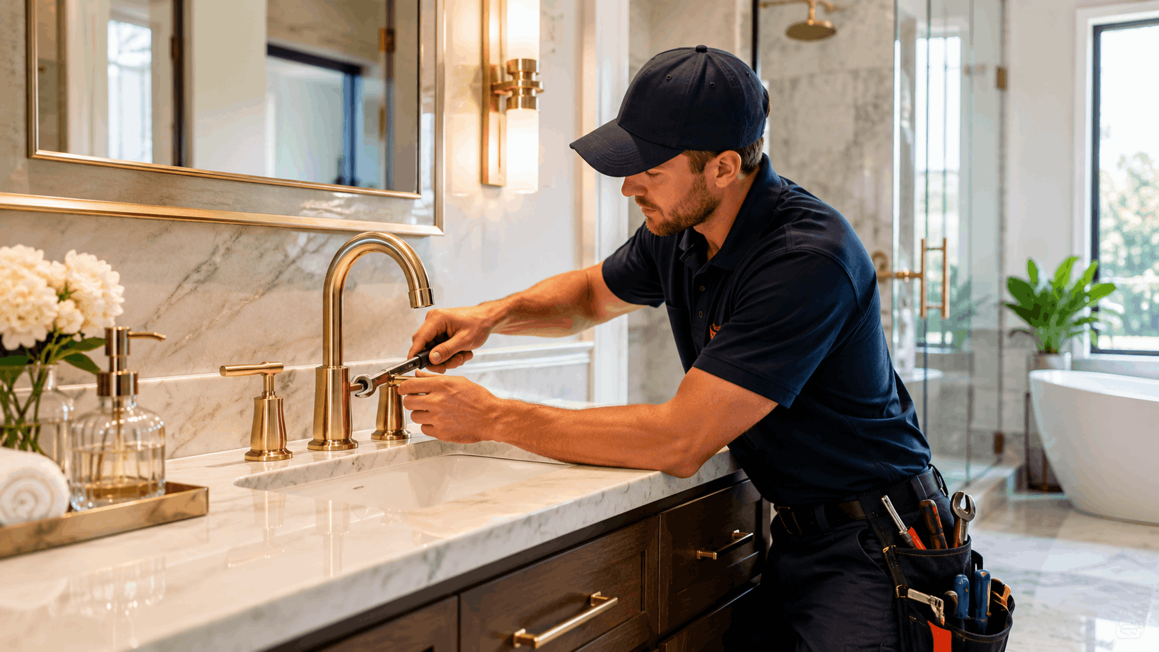 Plumber repairing gold bathroom faucet on marble vanity in luxury Las Vegas home