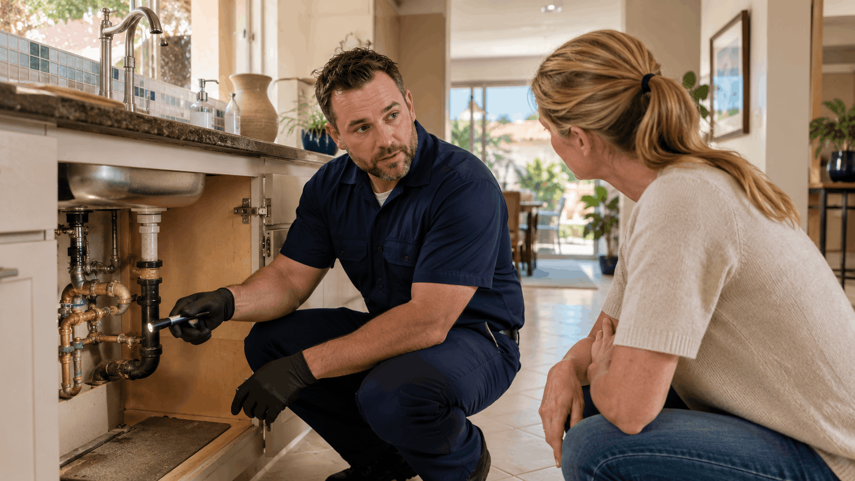 Plumber inspecting corroded copper pipes under kitchen sink with flashlight for homeowner