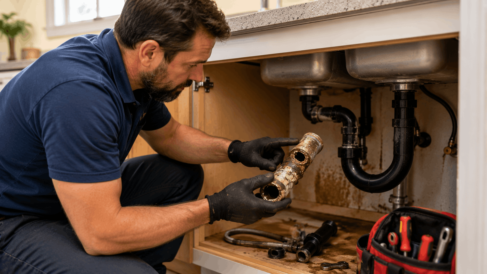 Plumber inspecting corroded pipe section beneath kitchen sink with tools nearby