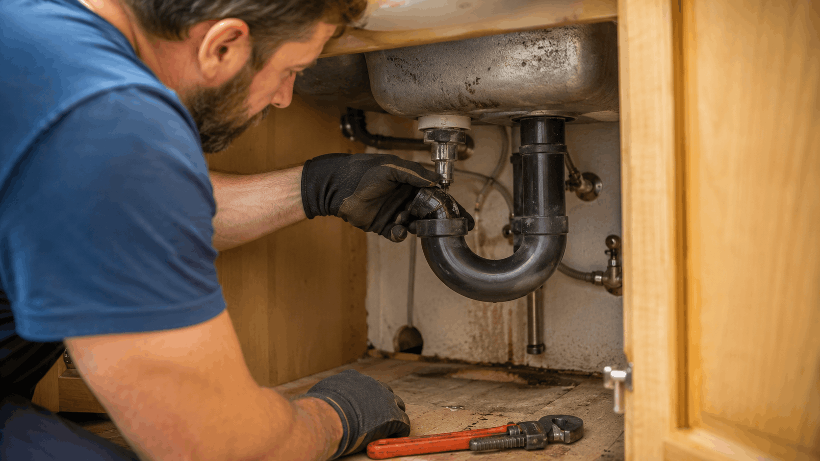 Plumber repairing sink drain P-trap pipe with wrench under kitchen cabinet