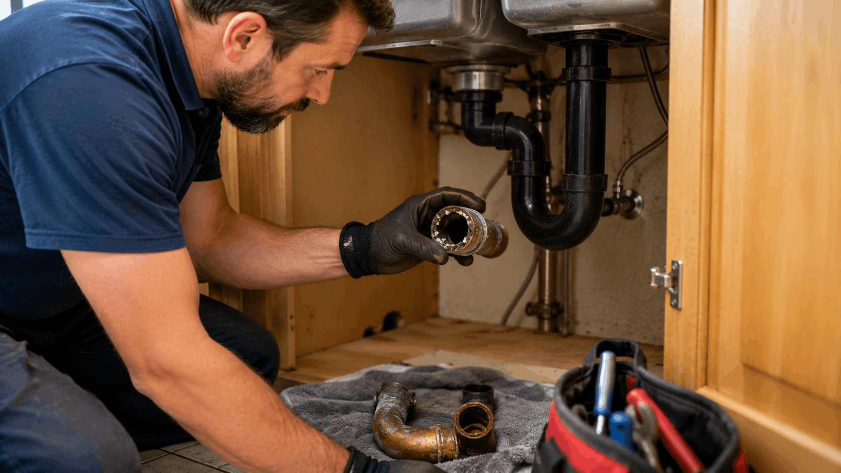 Licensed Las Vegas plumber inspecting corroded pipe fittings under kitchen sink cabinet