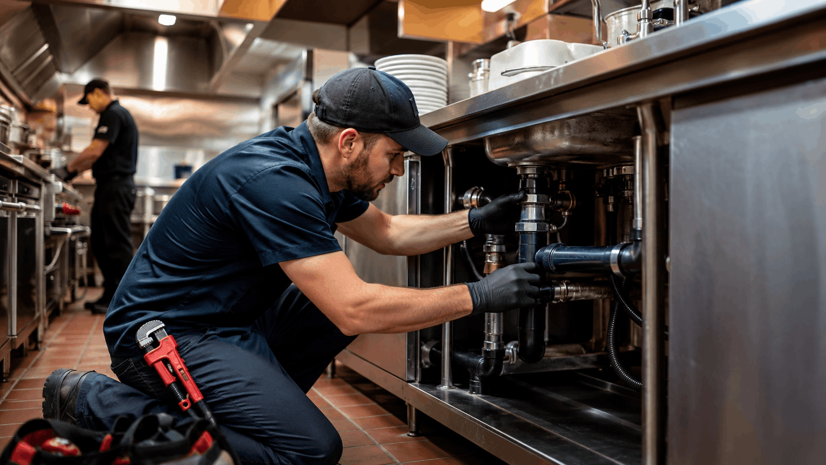 Commercial plumber repairing under-sink pipes in Las Vegas restaurant kitchen