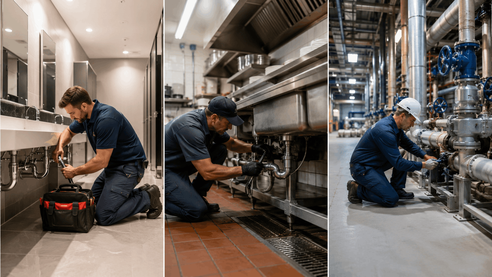 Plumbers servicing commercial bathroom, restaurant kitchen, and industrial pipe systems in Las Vegas