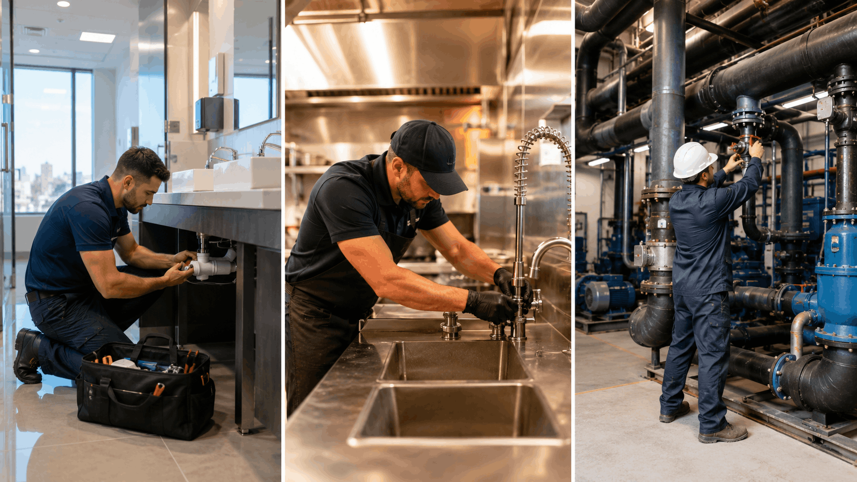 Plumbers working in Las Vegas office bathroom, restaurant kitchen, and industrial pipe system
