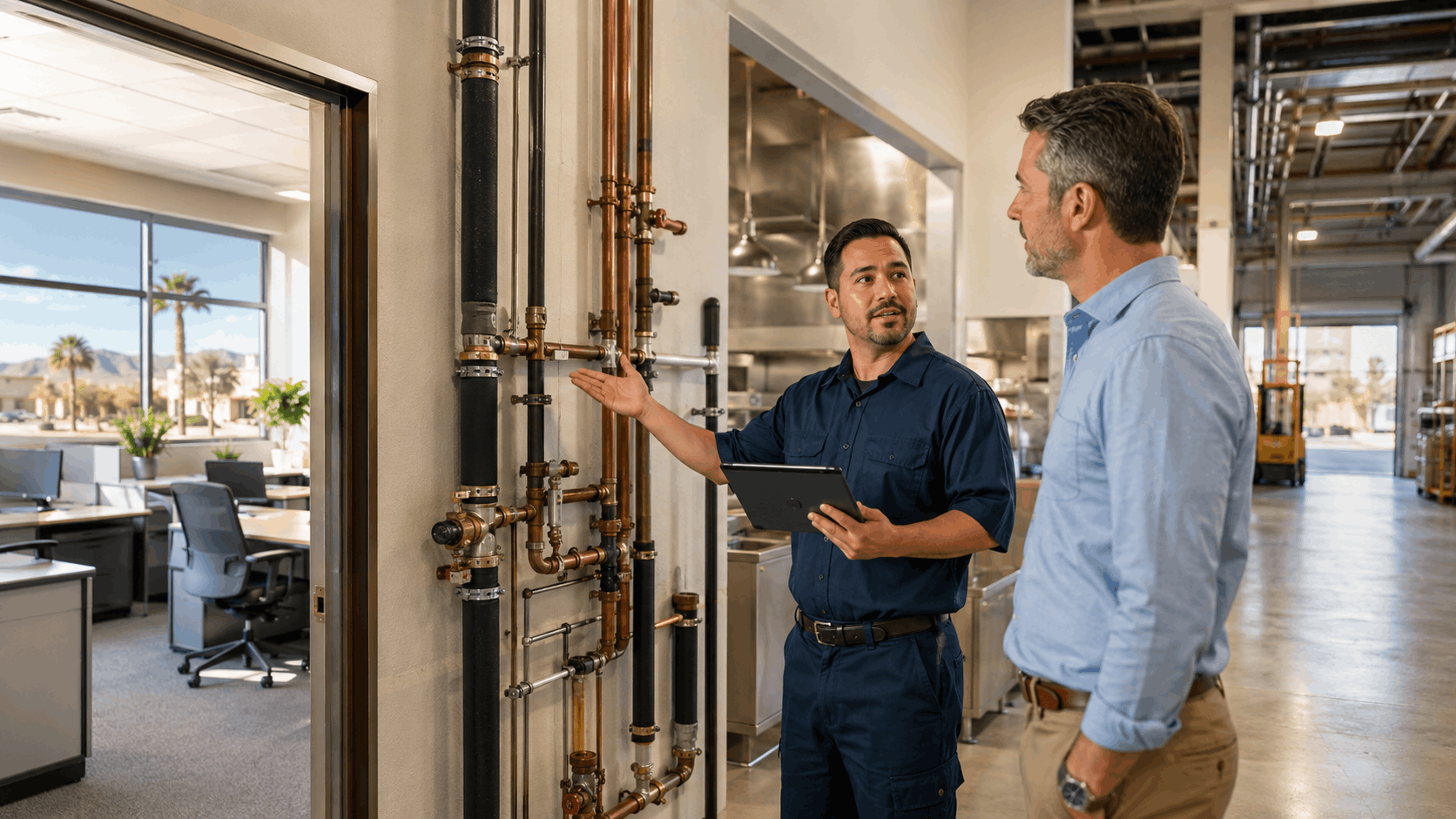 Las Vegas plumber inspecting commercial copper pipes with business owner holding tablet