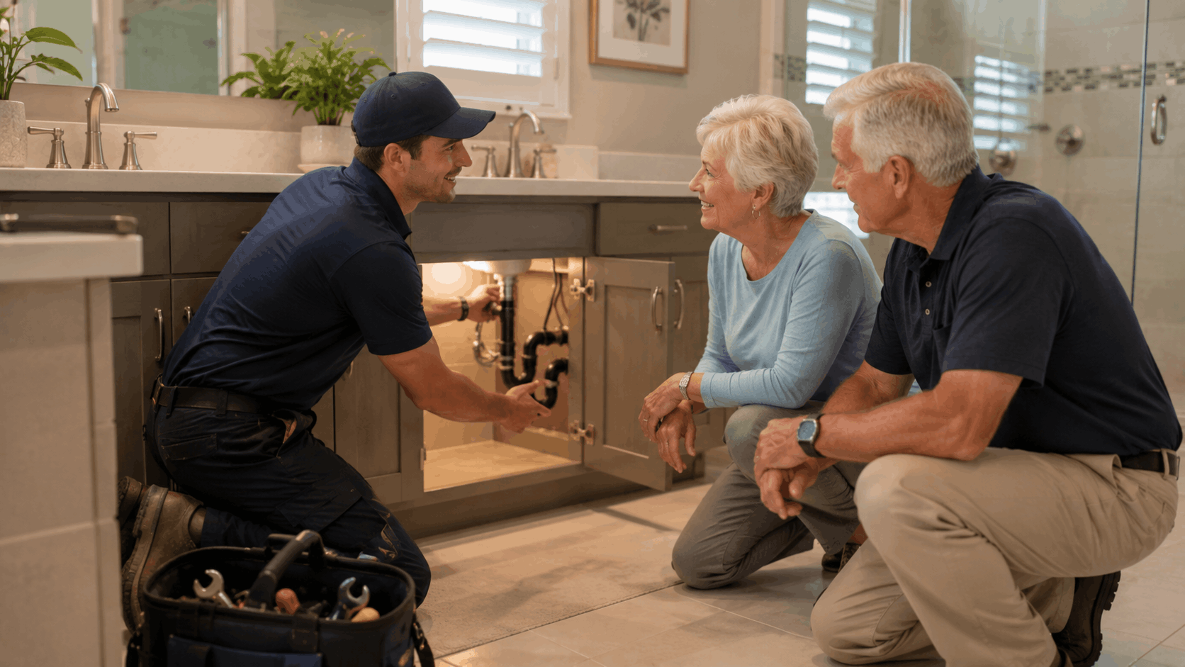 Friendly plumber explaining under-sink pipe repair to senior couple in bathroom