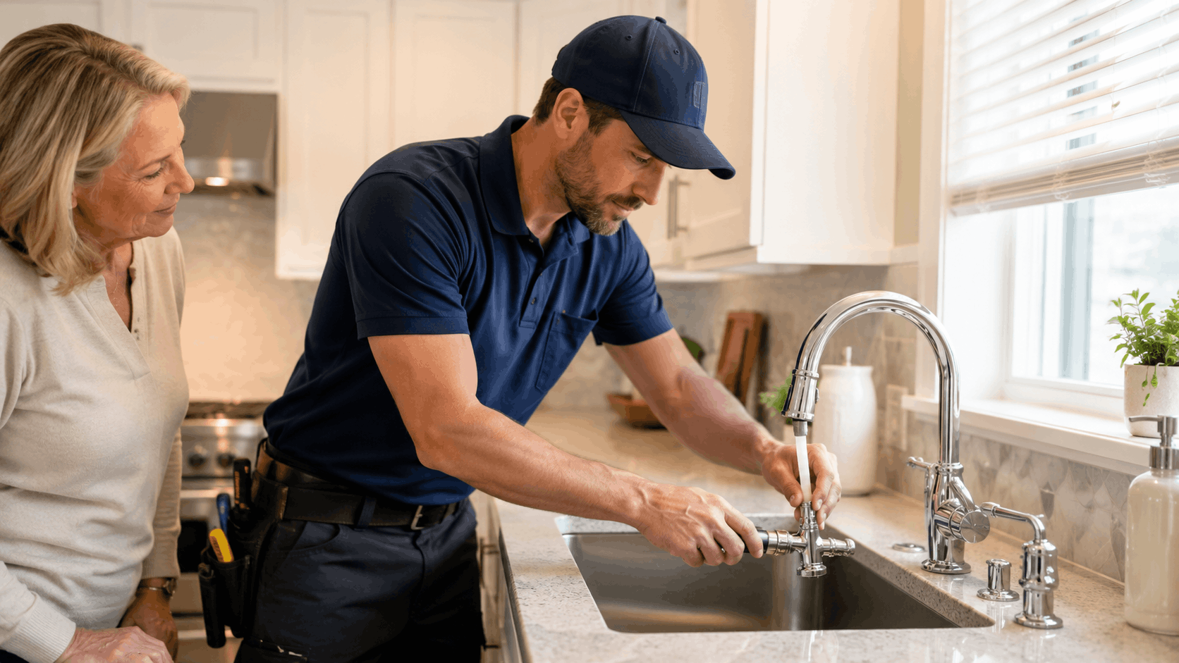 Licensed plumber repairing kitchen faucet while older homeowner watches in Las Vegas home