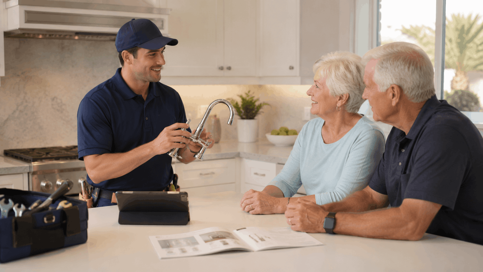 Plumber showing chrome kitchen faucet to senior couple during Las Vegas home consultation