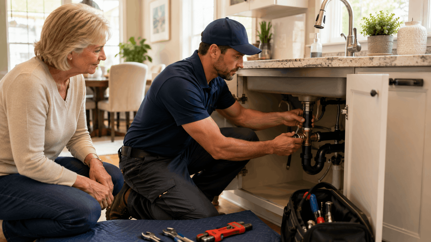 Active Plumbing technician repairing kitchen sink pipes while Las Vegas homeowner watches