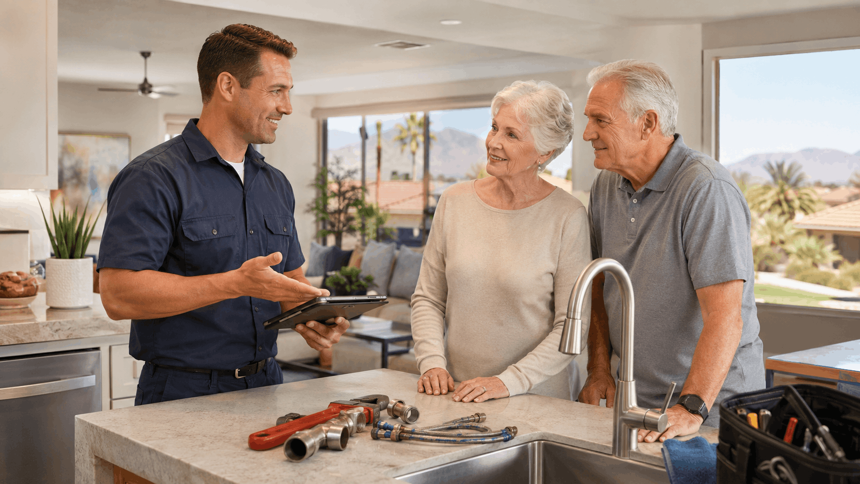 Plumber consulting senior couple about kitchen faucet repair in Las Vegas home