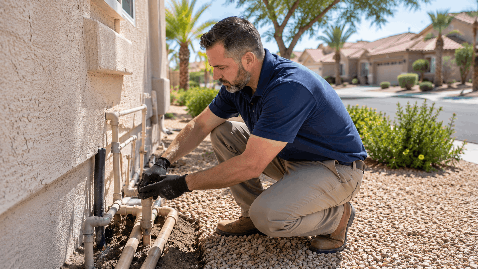 Las Vegas plumber inspecting polybutylene pipes along exterior stucco home foundation