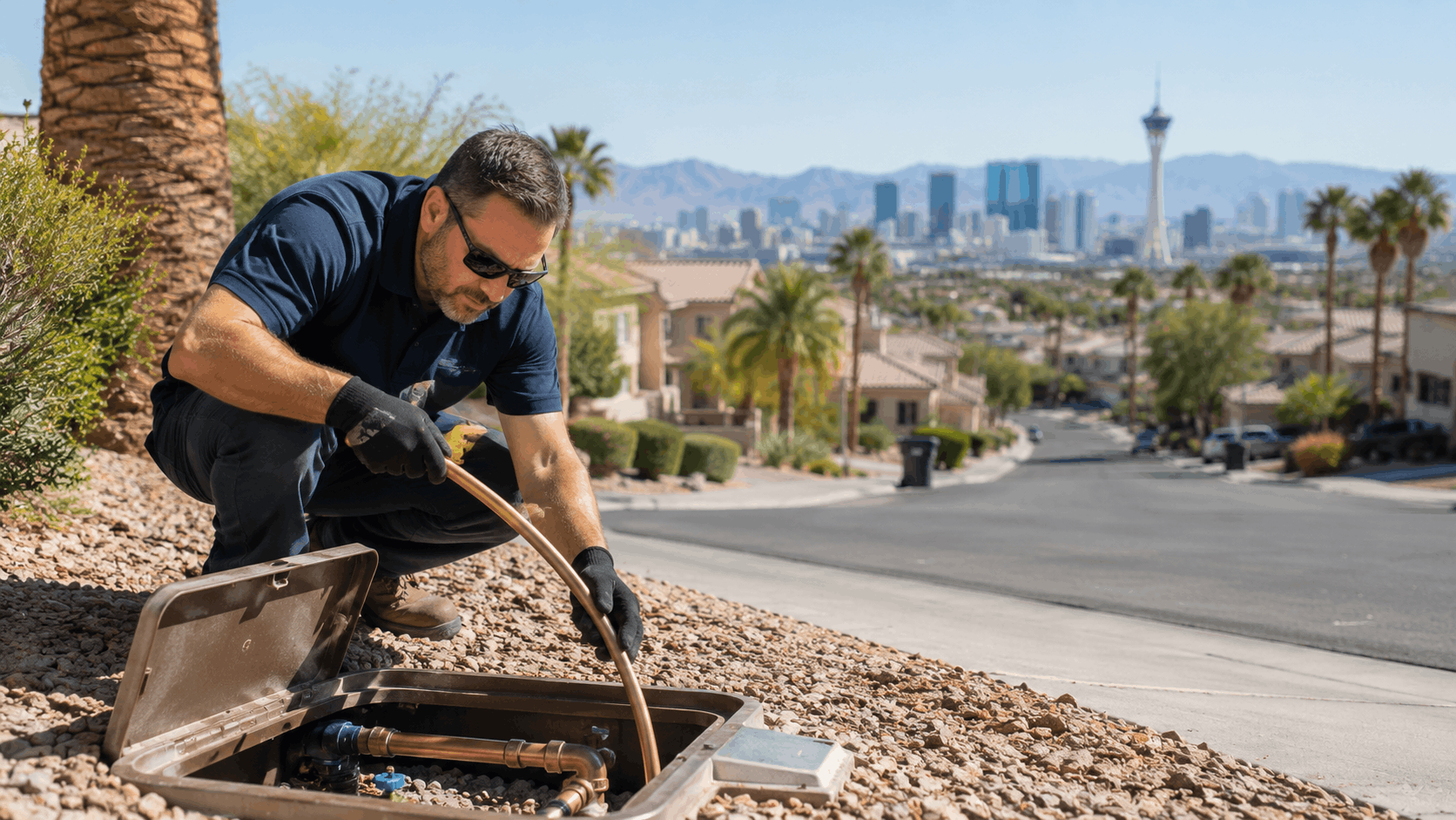 Las Vegas plumber repairing underground irrigation pipes in residential neighborhood with Strip skyline