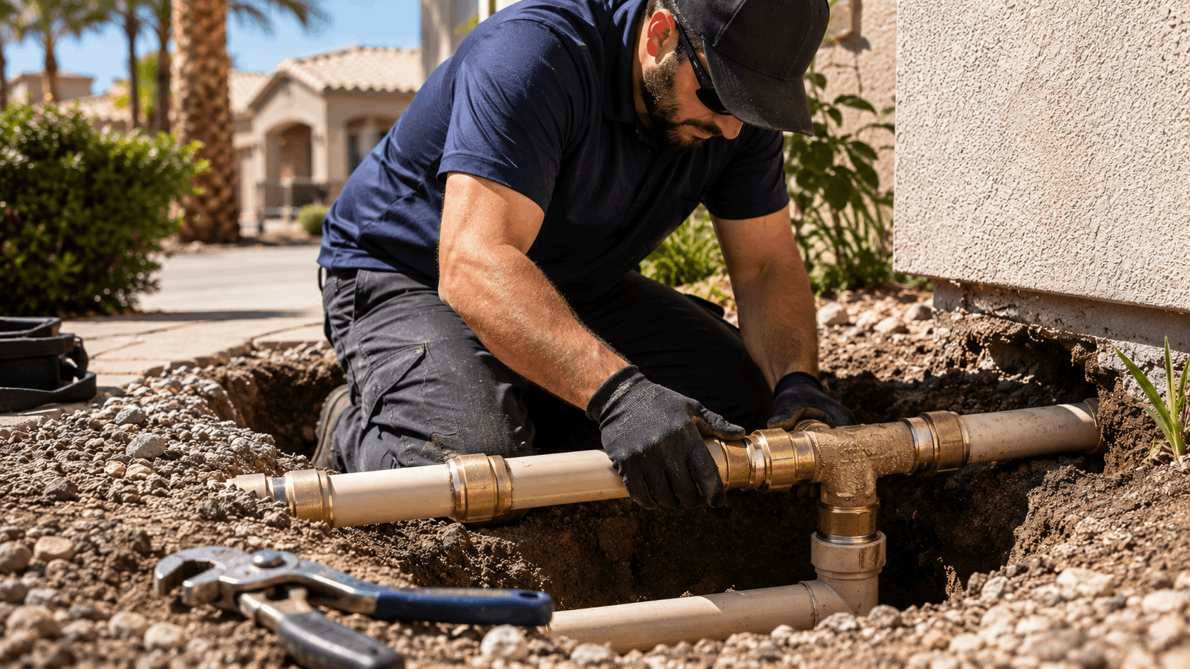 Plumber replacing failing polybutylene pipes with brass fittings outside Las Vegas home