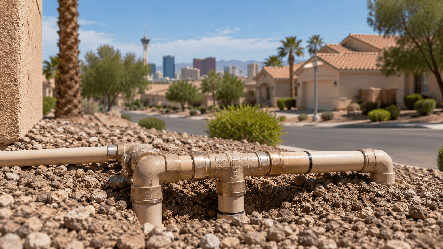 Polybutylene pipes with T-fittings in Las Vegas suburban yard with Strip skyline