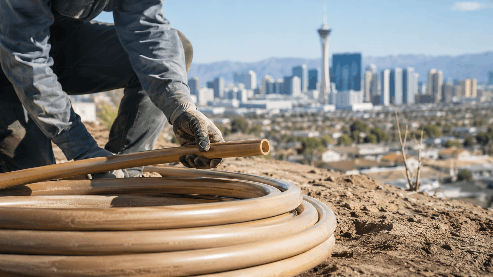 Las Vegas plumber handling coiled plastic pipe at outdoor construction site with Strip skyline