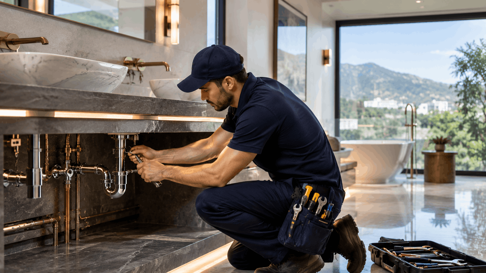 Plumber repairing luxury bathroom sink pipes in a MacDonald Highlands custom estate