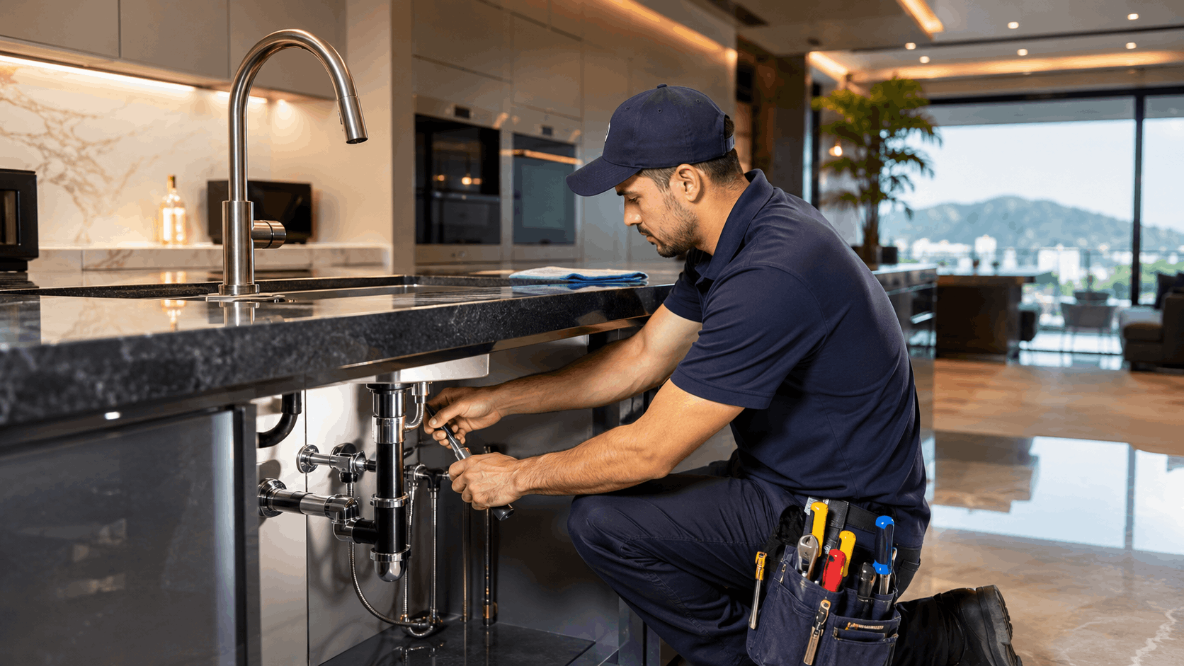 Professional plumber repairing luxury kitchen sink plumbing in Las Vegas estate home