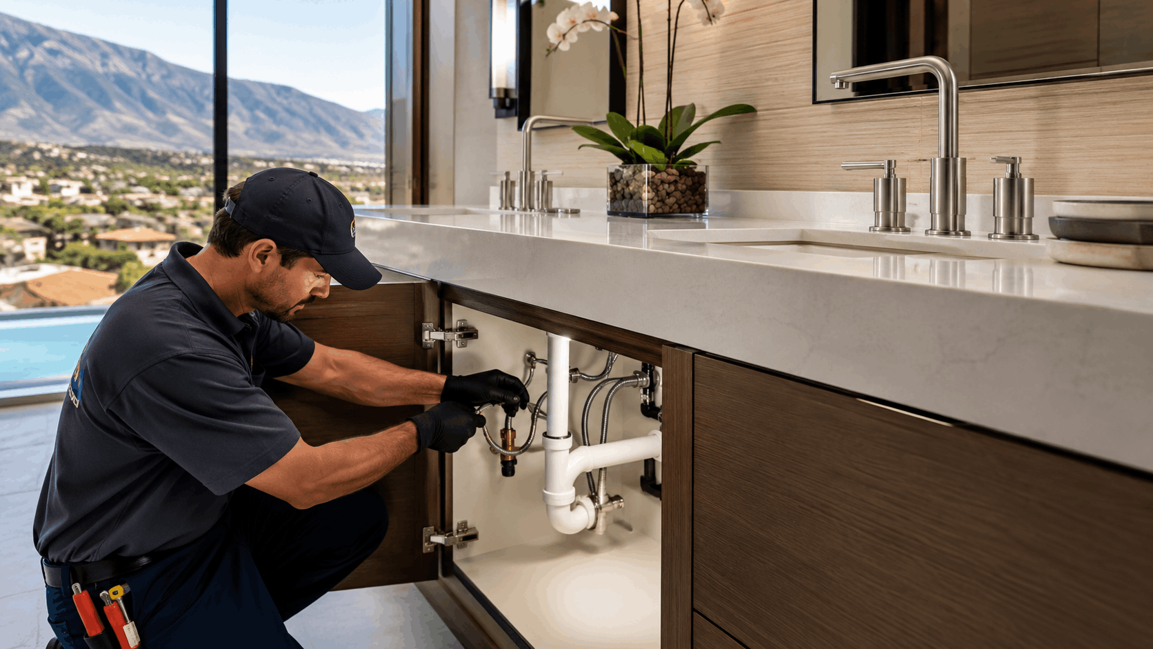 Plumber repairing under-sink pipes in luxury MacDonald Highlands bathroom with mountain views