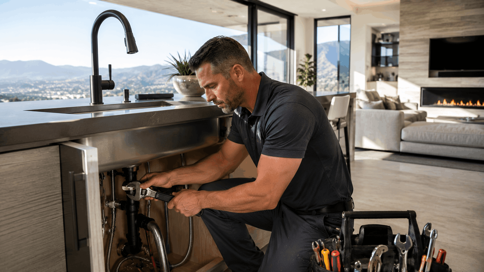 Professional plumber repairing kitchen sink pipes in luxury MacDonald Highlands home Las Vegas