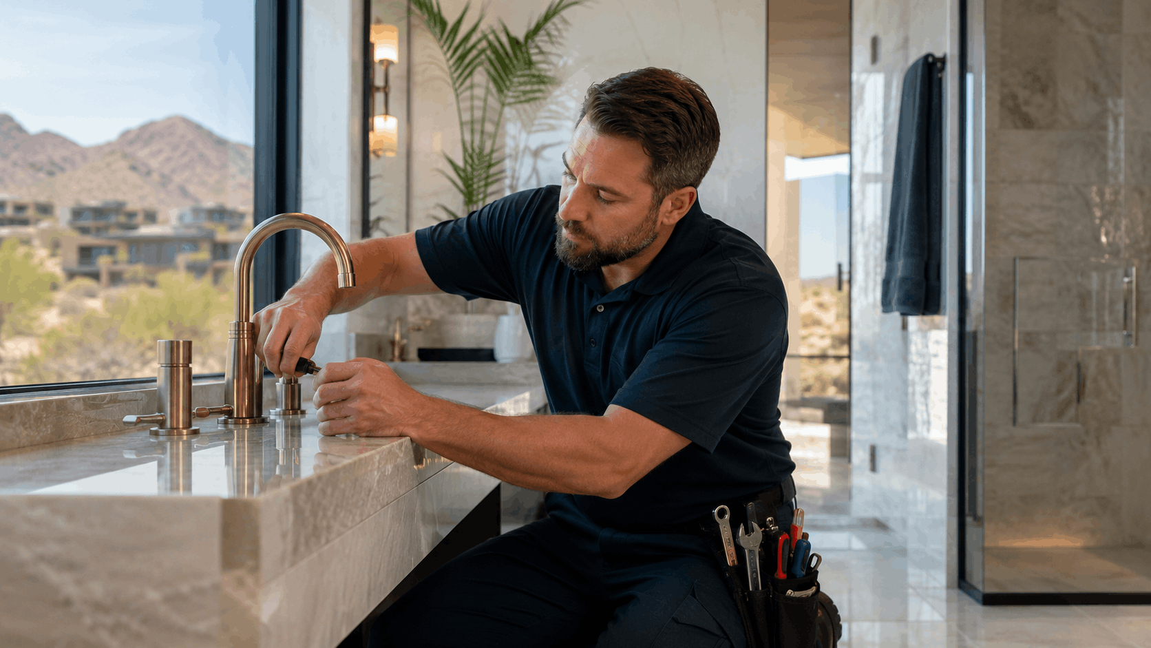 Licensed plumber installing brushed gold bathroom faucet in luxury Las Vegas home