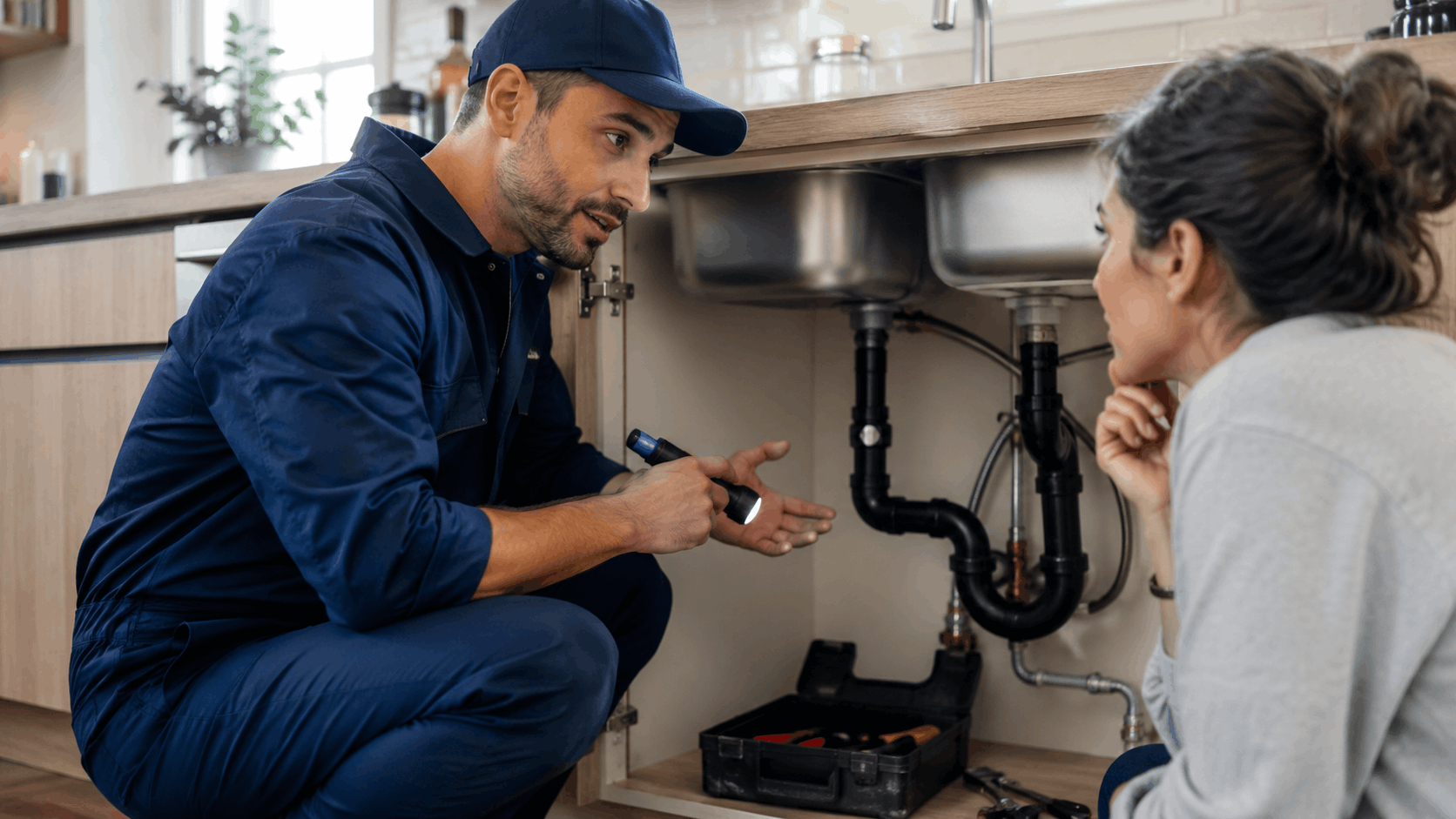 Plumber in navy uniform inspecting under-sink pipes while explaining findings to homeowner