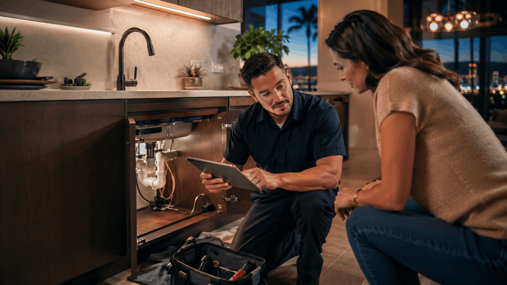 Las Vegas plumber inspecting under-sink pipes with tablet while homeowner watches nearby
