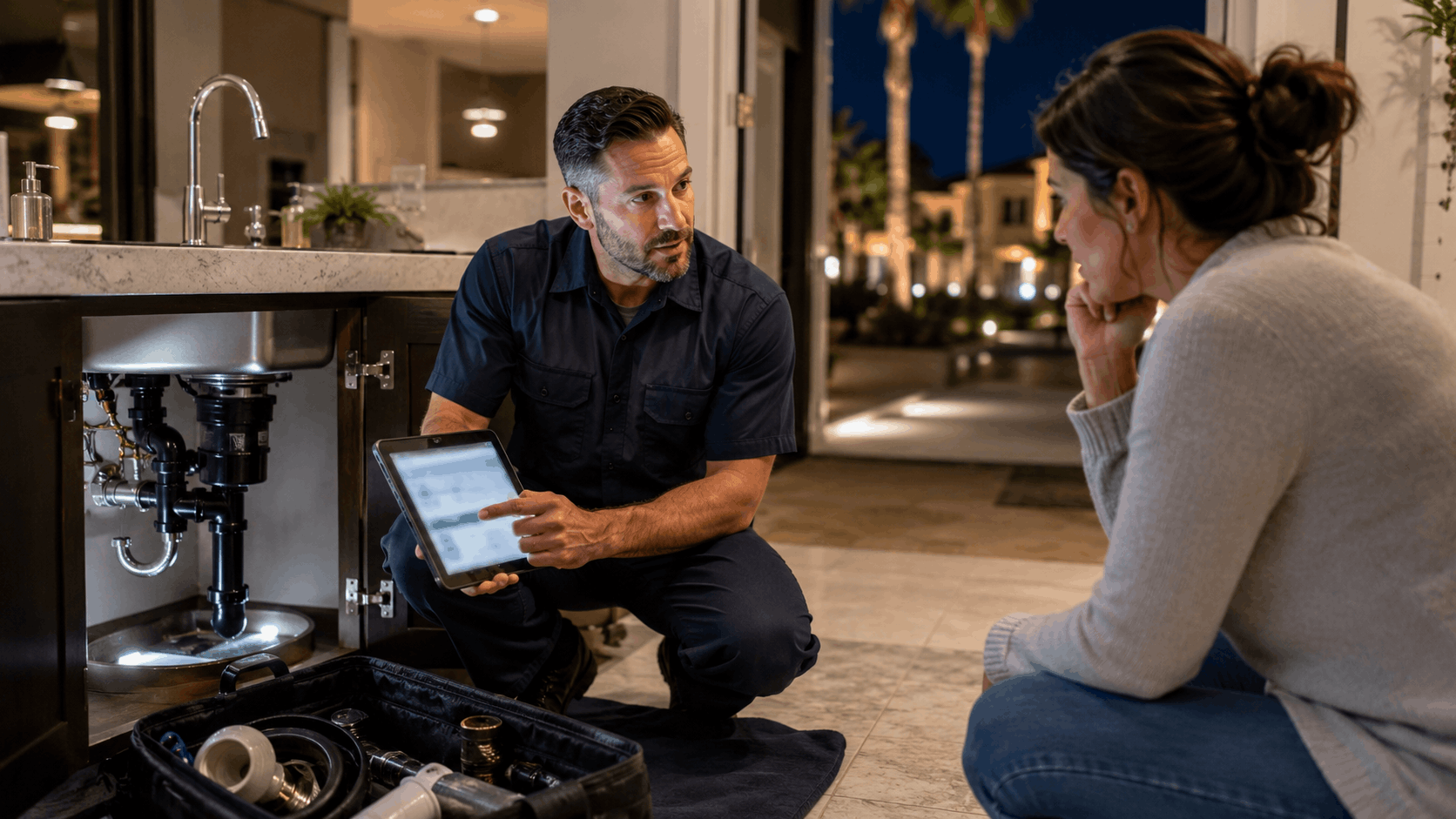 Active Plumbing technician showing tablet to homeowner during Las Vegas emergency plumbing repair