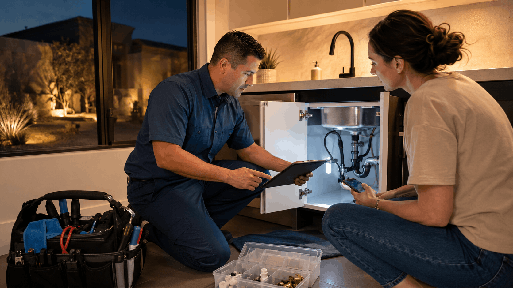 Las Vegas plumber inspecting under-sink pipes with homeowner using tablet at night