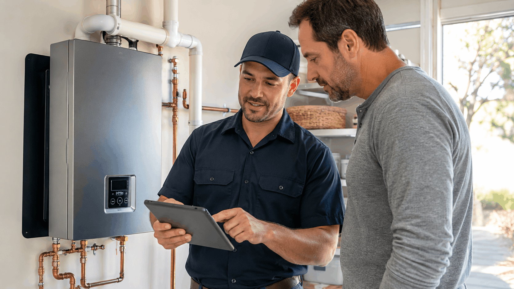 Plumber showing homeowner tankless water heater installation details on tablet in Las Vegas home