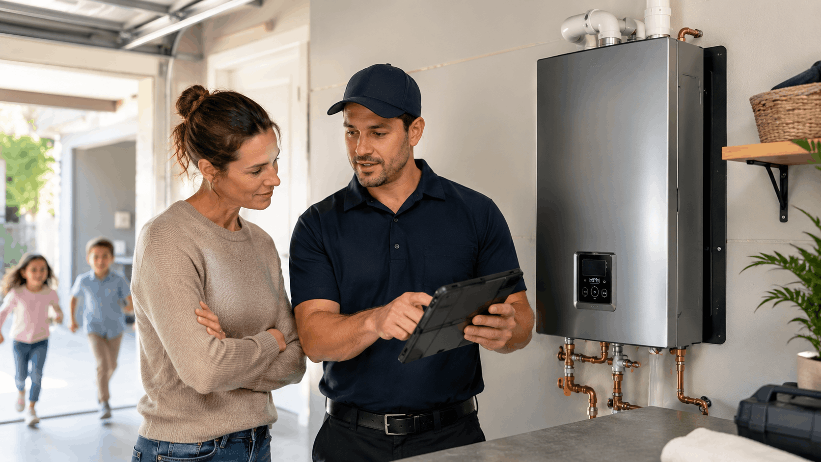 Plumber showing homeowner tablet next to tankless water heater installation in garage