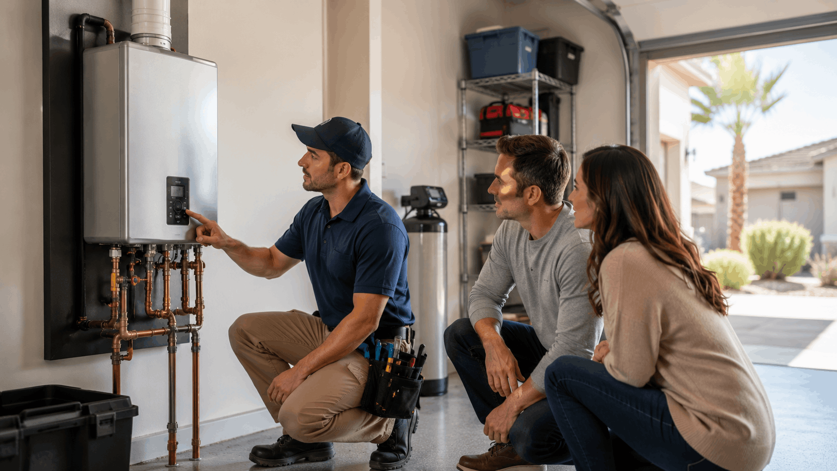 Plumber installing tankless water heater in Las Vegas garage with homeowners watching