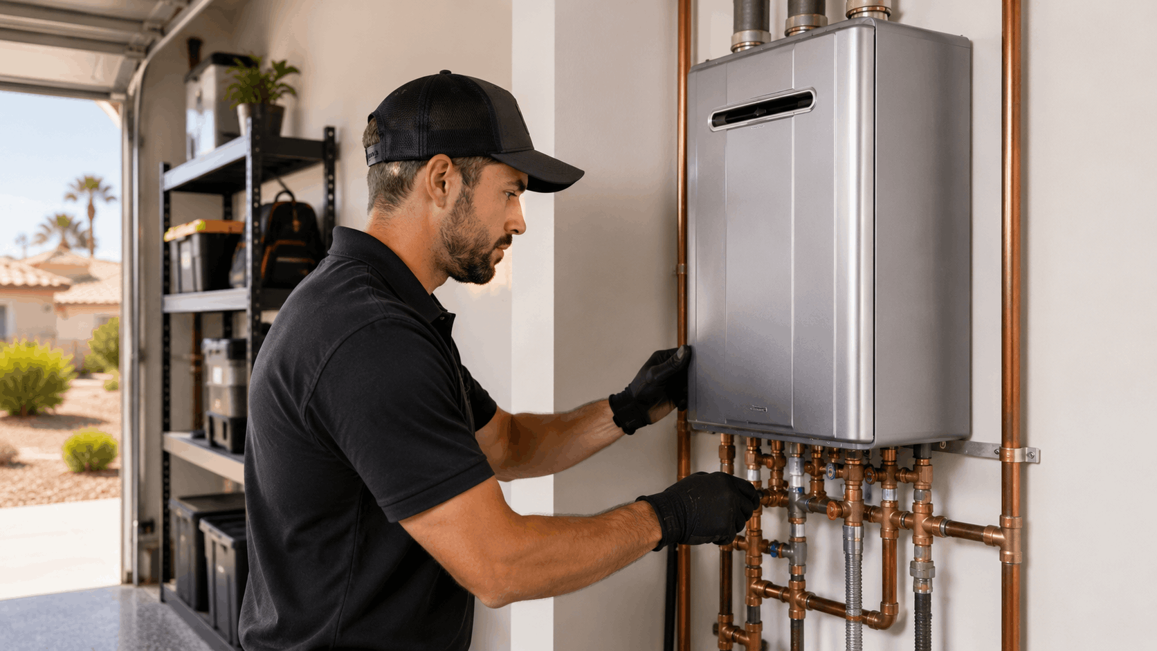 Plumber installing tankless water heater with copper pipes in Las Vegas garage