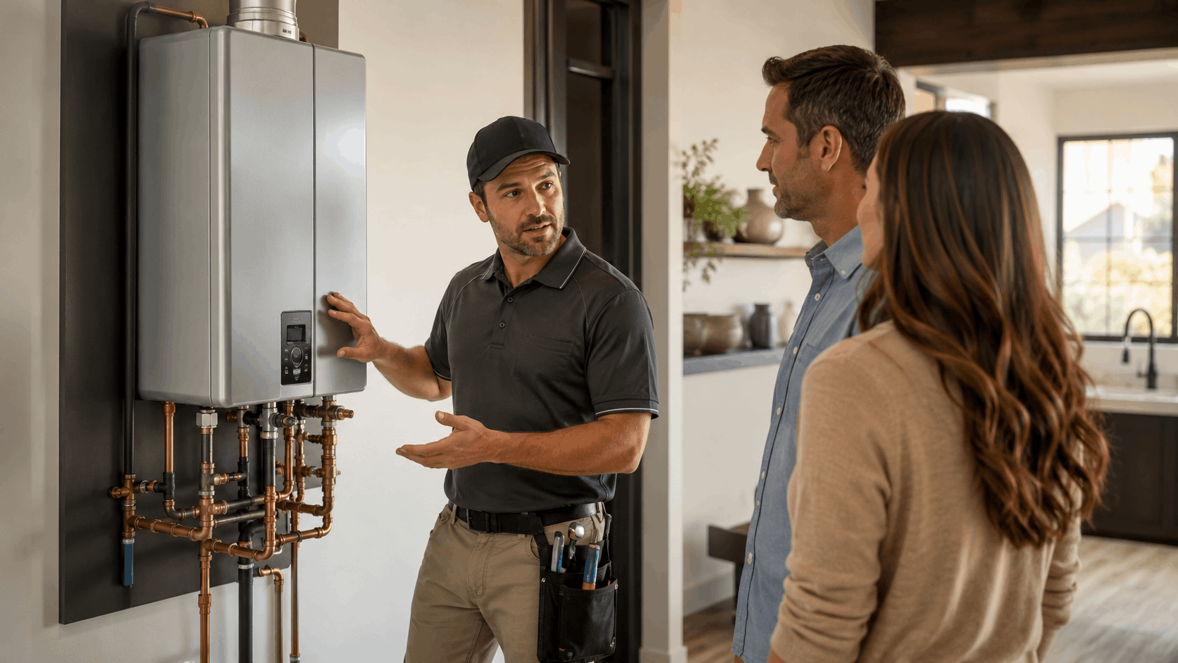 Las Vegas plumber explaining tankless water heater installation to homeowners in modern home