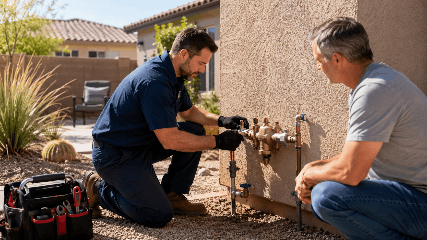 Plumber installing backflow prevention device on exterior home wall in Las Vegas