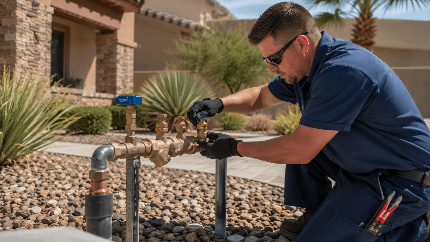 Plumber inspecting brass backflow preventer device at Las Vegas residential property