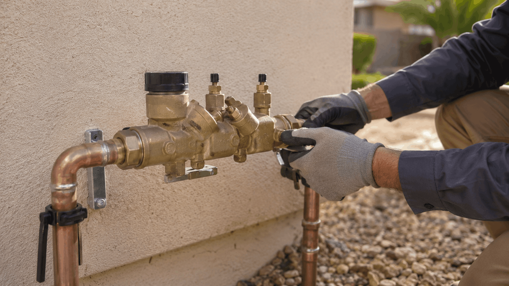 Plumber installing brass backflow preventer valve on copper pipes Las Vegas home
