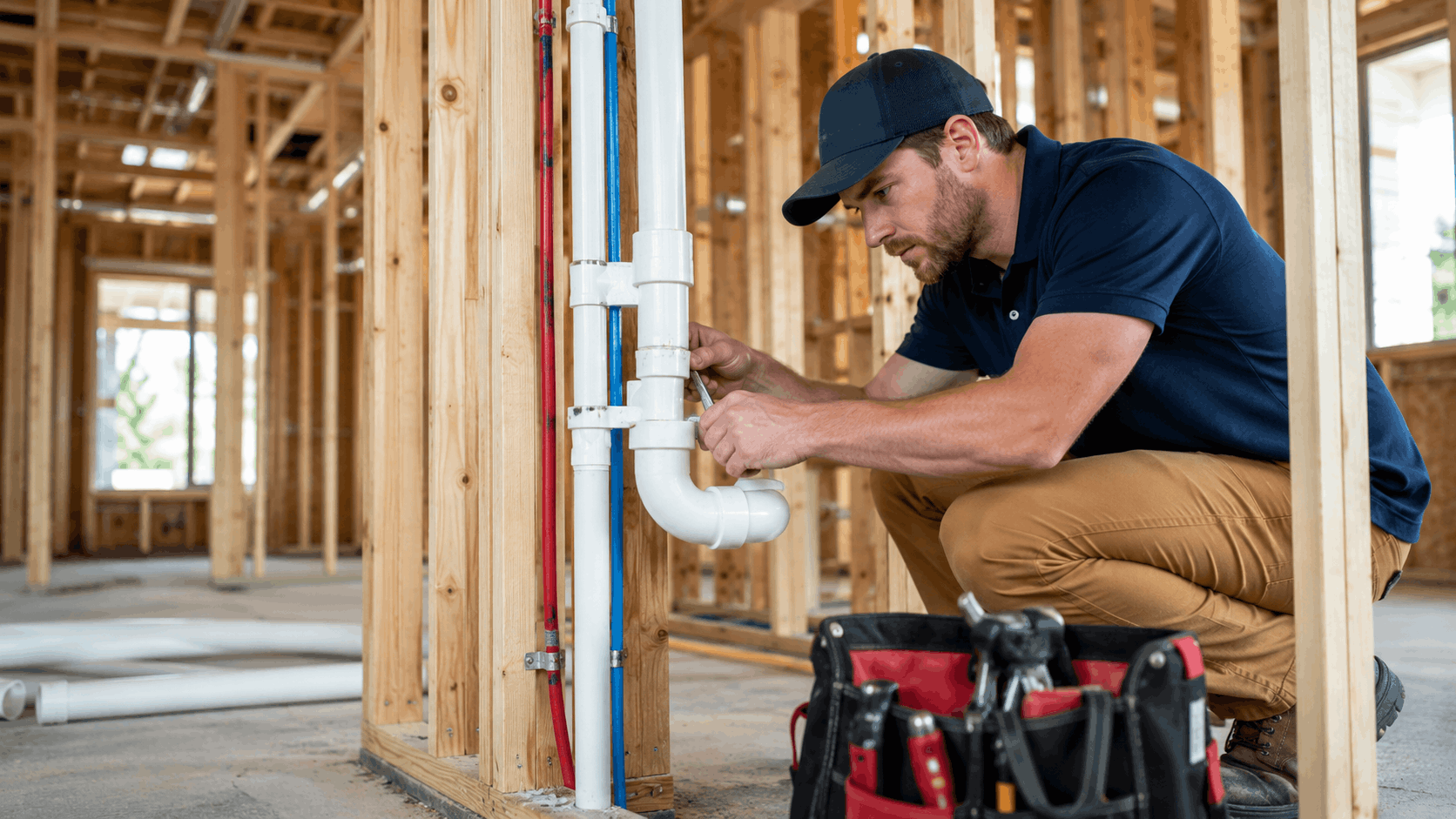 Plumber installing white PVC drain pipes during new home construction in Las Vegas