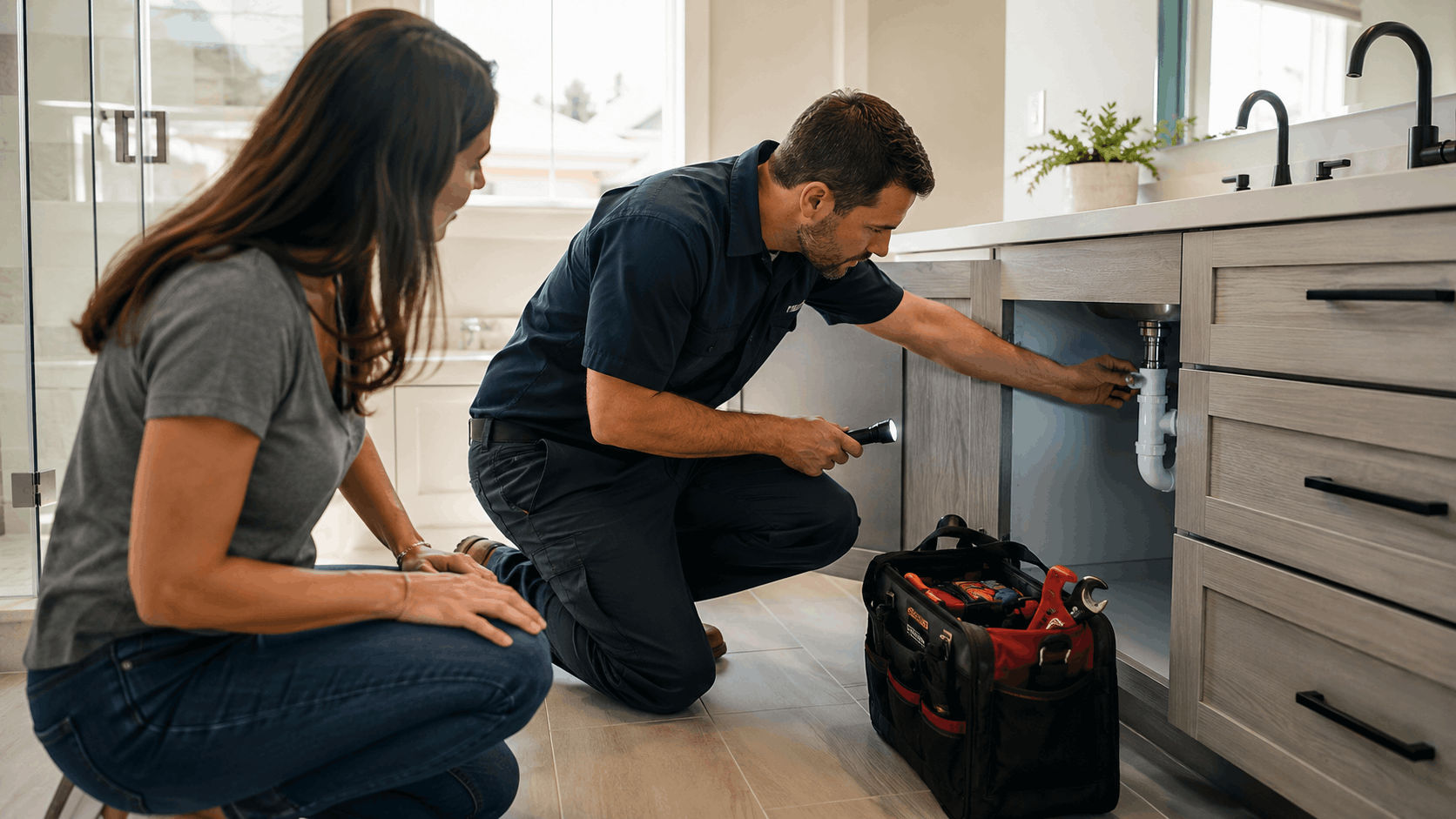 Plumber inspecting under bathroom sink with flashlight while homeowner watches nearby
