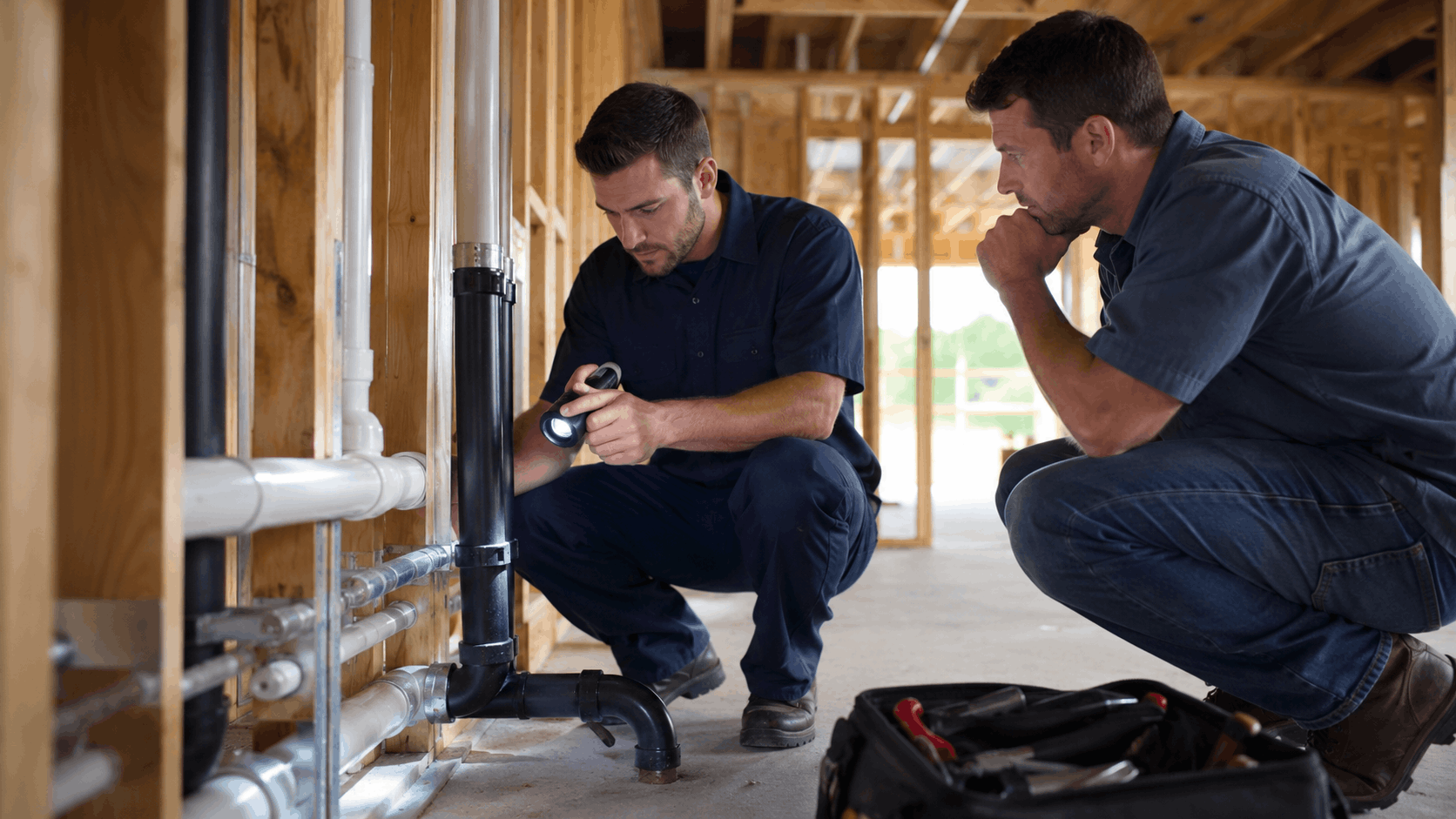 Two plumbers inspecting new home rough-in plumbing pipes with flashlight during construction