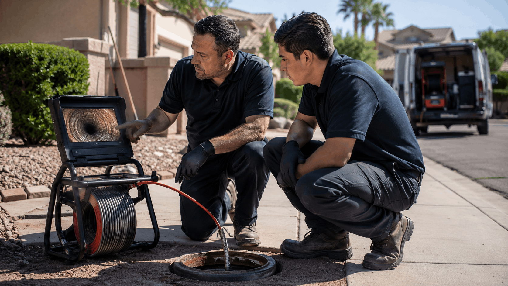 Two plumbers inspecting sewer line with camera inspection equipment in Las Vegas neighborhood