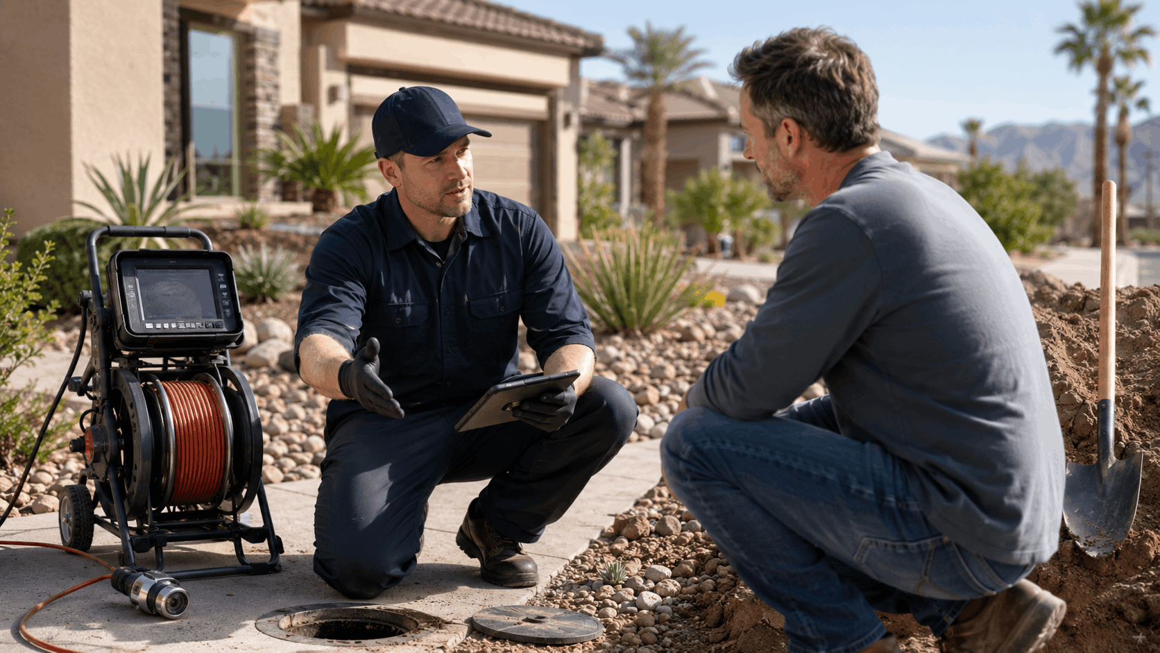 Plumber showing sewer camera inspection results to Las Vegas homeowner on tablet